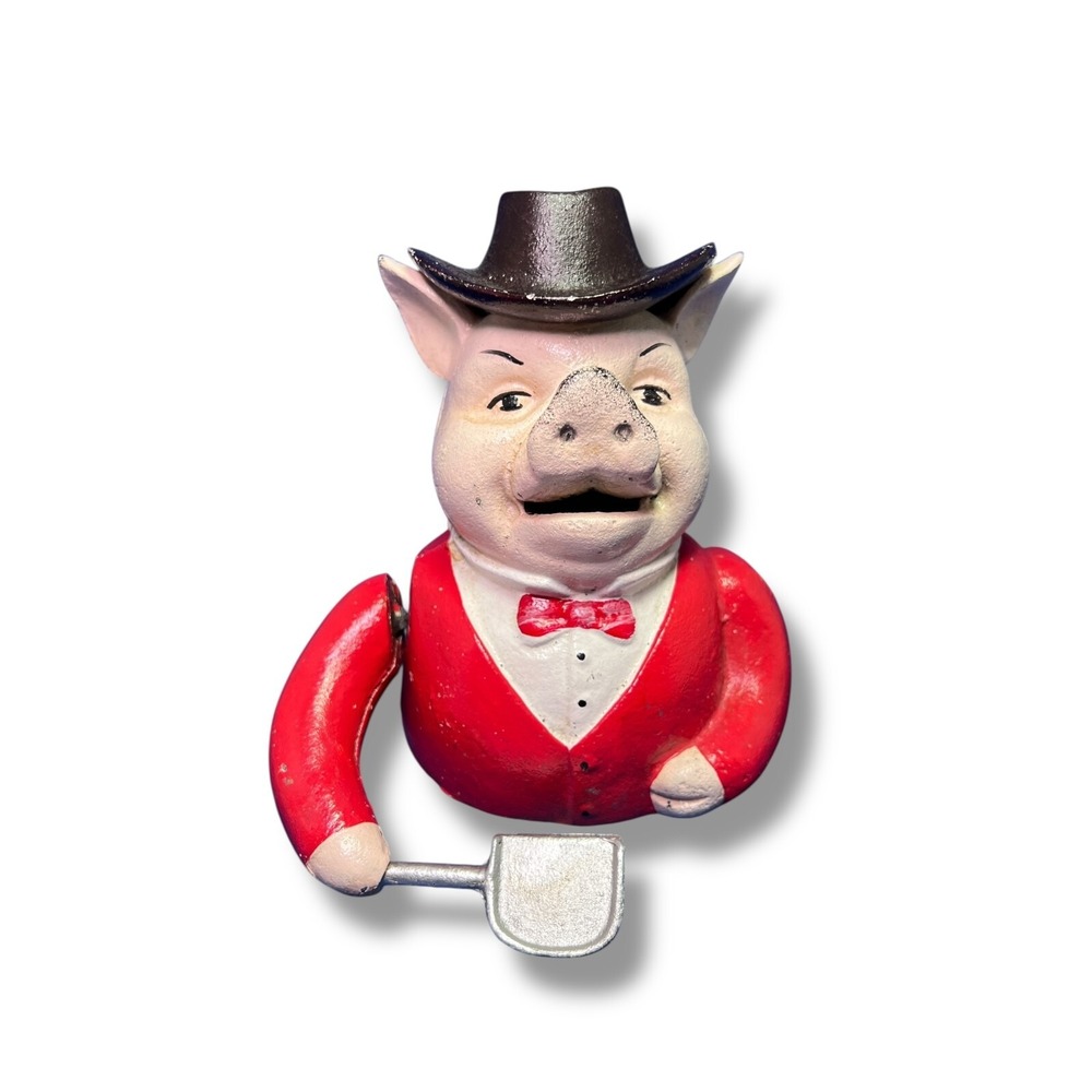 Vintage Cast Iron Mechanical Pig Bank John Harper & Co Red Tuxedo Top Hat Repro